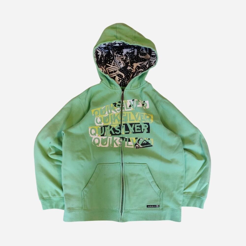 Y2K Quiksilver green zip up hoodie with front and back details